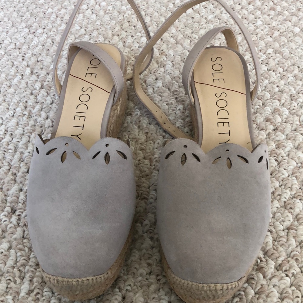 Sole Society Calysa Light Grey Ankle Strap Wedge.